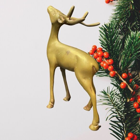 Vintage Brass Deer Figurine Buck 6.5 Inches Unbranded Heavy Rudolf Winter Decor - Picture 3 of 11